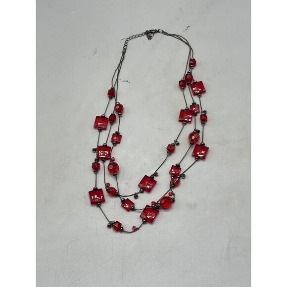 Necklace beads 3 layers chain small clip plastic red black length 24" READ - Picture 4 of 7